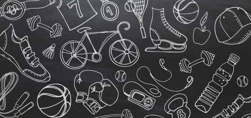 Chalkboard illustration of sports equipment