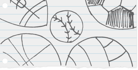 Sketches of sports balls on notebook paper