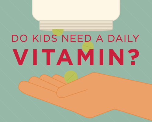 Illustration of hand getting a multivitamin with text that reads do kids need a daily multivitamin