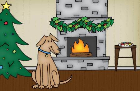 Illustration - Dog in front of a holiday decorated fireplace and a plate of cookies