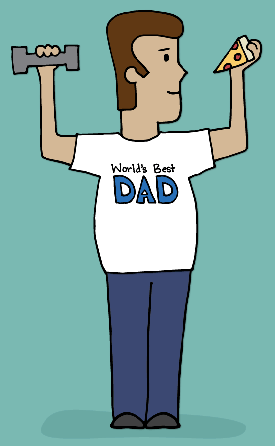 Illustration - Man holding dumbbell in one hand and a piece of pizza in the other hand