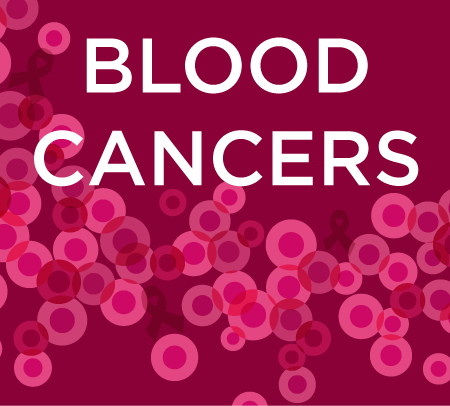 Blood cancers illustration - blood cells and awareness ribbons on a red background