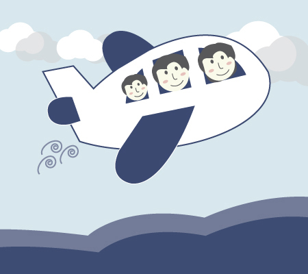 Family flying in an airplane over the ocean illustration family vacation - Health travel tips