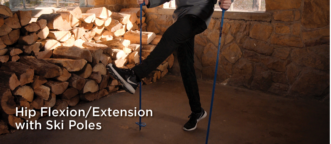 hip flexion extension with ski poles warmup before skiing activity