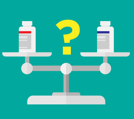 Weight scale weighing two bottles of pain relievers, illustration - Basics of OTC pain relievers