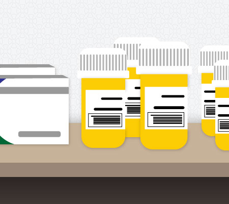 Shelf full of prescription drugs, pill bottles - Illustration - Black box warnings