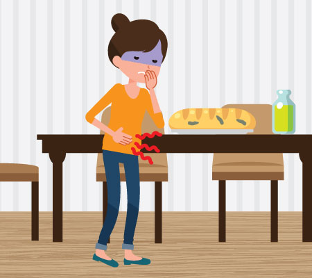 Woman feeling sick after eating, illustration - Food poisoning