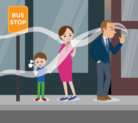 Mother and child waiting while stranger smokes at a bus stop, illustration - How secondhand smoke effects kids