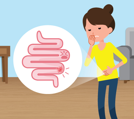 Woman with upset stomach, close up of intestines - illustration - Crohn's disease
