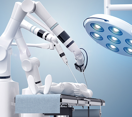 Illustration of robotic arms and a surgery room - Robotic surgery in cardiology or heart care