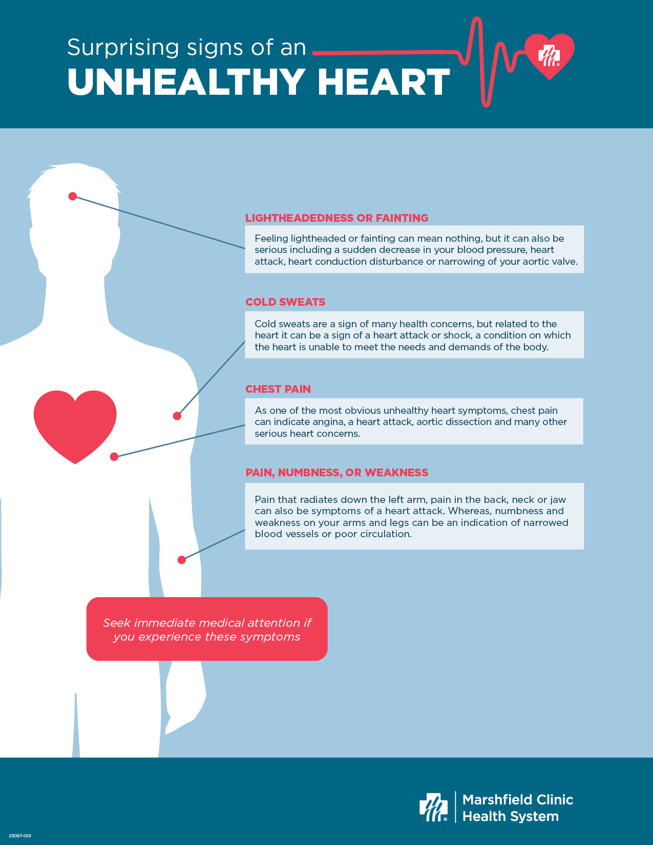 surprising signs of an unhealthy heart including lightheadedness, fainting, cold sweats, chest pain, pain, numbness or weakness