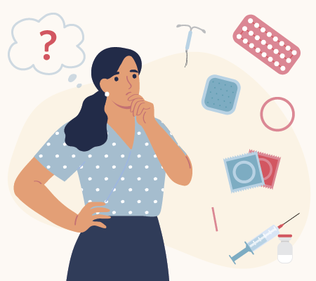 Graphic image of a woman thinking with contraceptive choices around her like thought bubbles. 