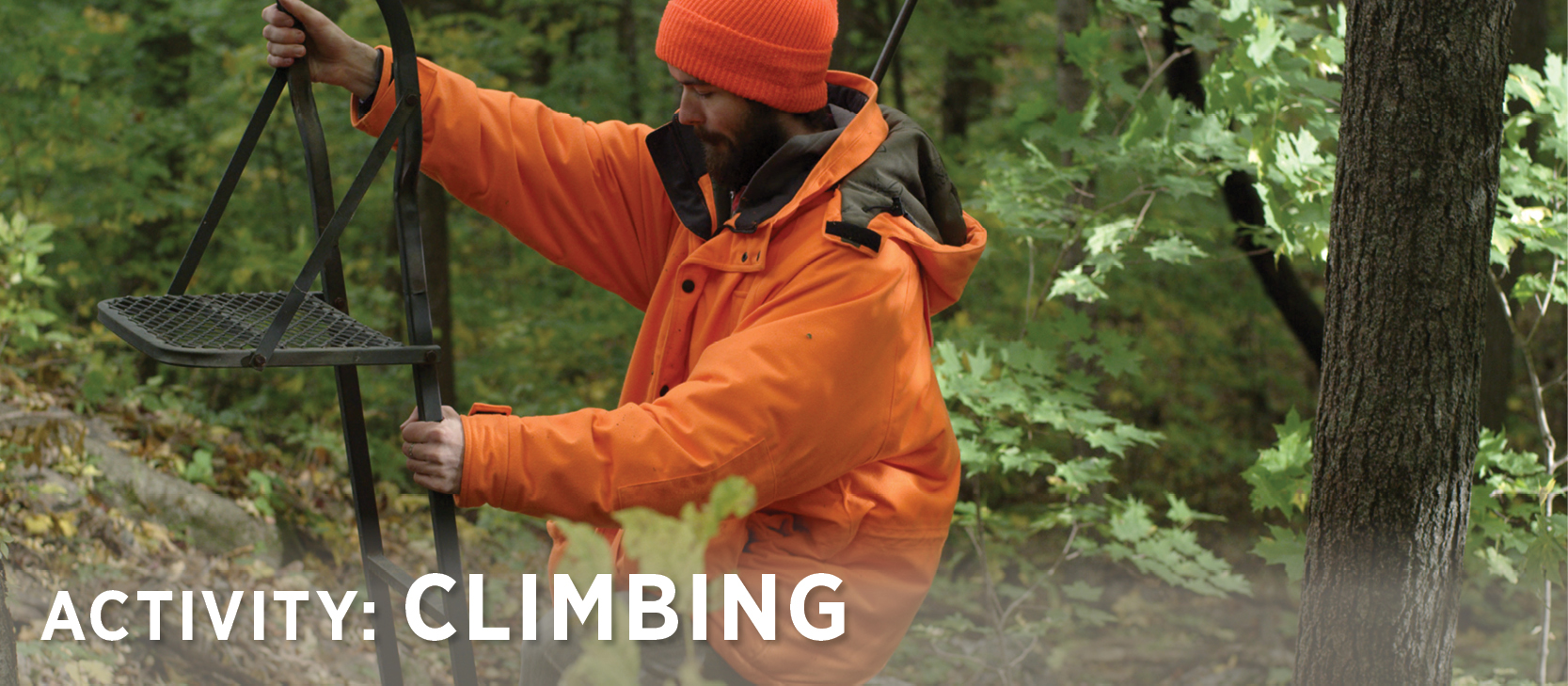 man climbing deer stand before hunting season as a workout